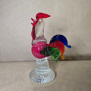 Hand Blown Art Glass Rooster Figurine Multicolor Red Murano Style 6" Tall